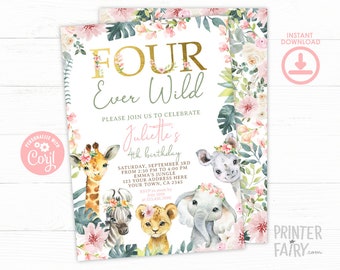 4th Birthday Invitation, EDITABLE Jungle Invitation, Safari Birthday Invitation, Girl 4th Birthday Invitation, Floral, INSTANT DOWNLOAD