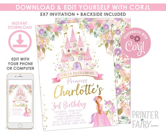 Princess Birthday Invitation, EDITABLE, Royal Birthday Invitation, Castle Birthday Party, Any age, EDIT YOURSELF Digital, Instant Download Il_570xn