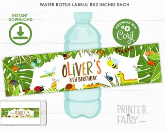 Insects Printable Water Bottle Labels, Bugs Labels, Creepy Crawlers Labels, Outdoor Birthday Party Decorations, INSTANT DOWNLOAD