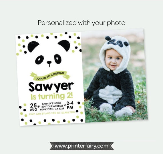 Panda Birthday Invitation with Photo, Bear Birthday party, Black green white birthday Party, Personalized Digital Invitation Il_570xn