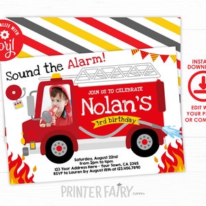 Firefighter Invitation with photo, EDITABLE Fire fighter Birthday Party, Fireman Invitation, Firetruck Birthday Invitation, INSTANT DOWNLOAD