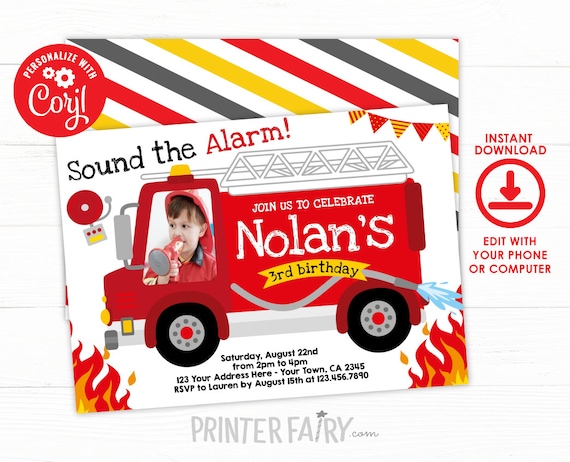 Firefighter Invitation with photo, EDITABLE Fire fighter Birthday Party, Fireman Invitation, Firetruck Birthday Invitation, INSTANT DOWNLOAD Il_570xn
