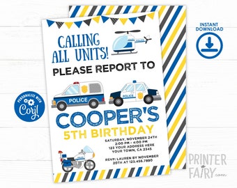 Editable Police Birthday Invitation, Cops & Robbers Party (Digital)