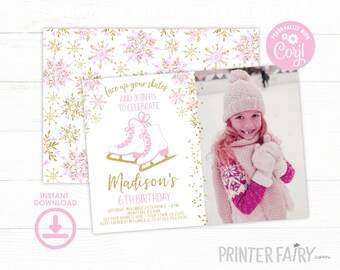 Ice Skating Birthday Invitation with Photo, EDITABLE, Snowflake Invitation, Winter wonderland Invitation, EDIT YOURSELF Digital Invite