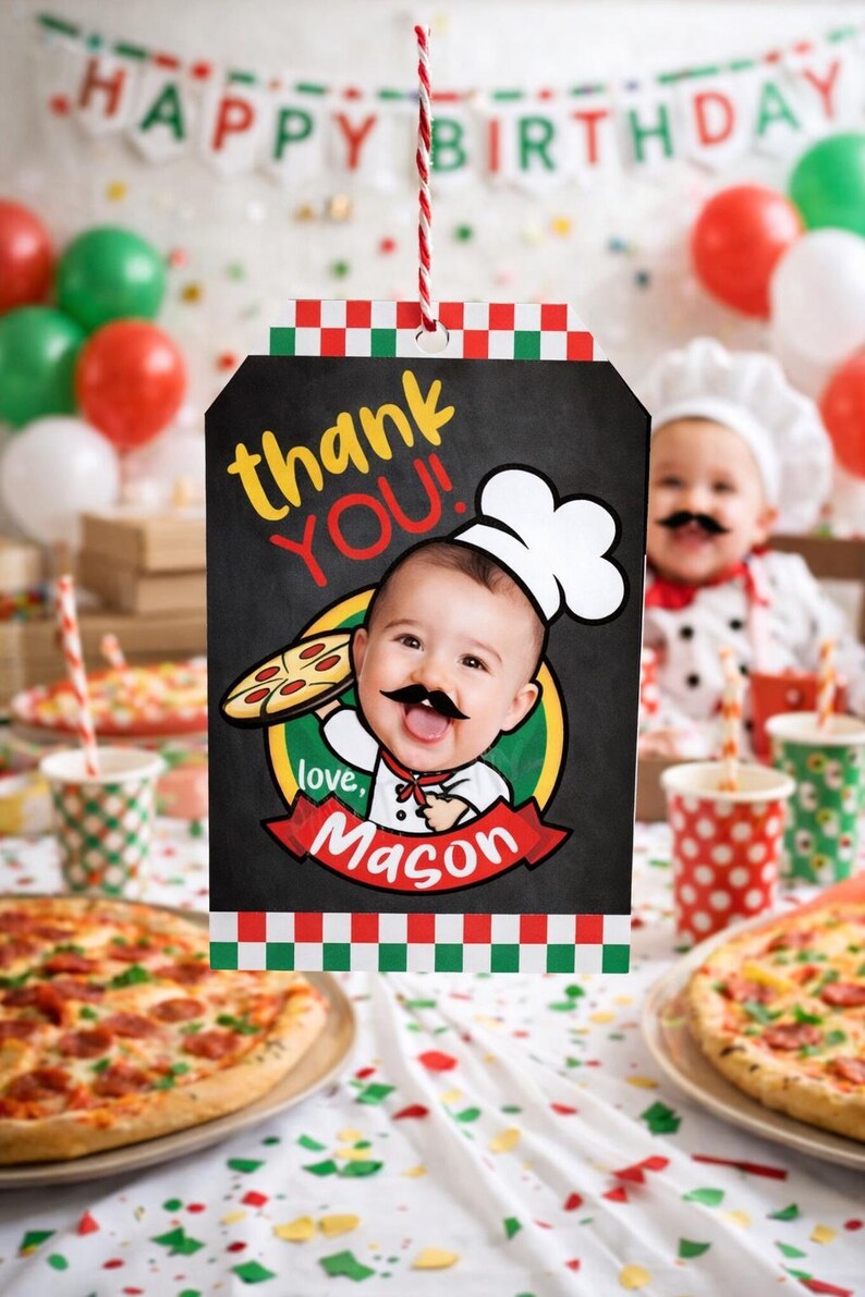Personalized Pizza Birthday Favor Tags, Chef Party Thank You (Digital Download) image 1