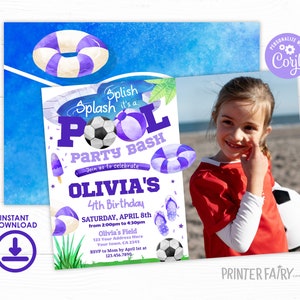Soccer Pool Birthday Party Invitation with Photo, Editable, Sports Summer Pool Party Invite, Pool Party Bash for Girl, Pool Soccer Birthday