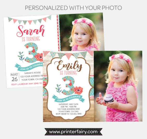 Rustic Birthday Invitation with Photo, Picnic, Floral Birthday Party, Vintage Birthday Invitation, Any Age, Personalized Digital Invitation Il_570xn