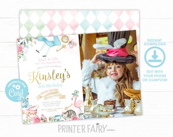 May include: Alice in Wonderland themed birthday party invitation. The invitation features watercolor illustrations of Alice, a flamingo, teacups, and a cat. The invitation includes the text "Kinsley's 3rd Birthday" and "Don't be late". A photo of a girl wearing a Mad Hatter hat is also included.