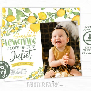 Lemon First Birthday Invitation, Editable, Citrus Invitation, Lemonade Birthday Party, Sunshine Birthday Invitation, Instant Download