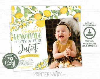 Lemon First Birthday Invitation, Editable, Citrus Invitation, Lemonade Birthday Party, Sunshine Birthday Invitation, Instant Download