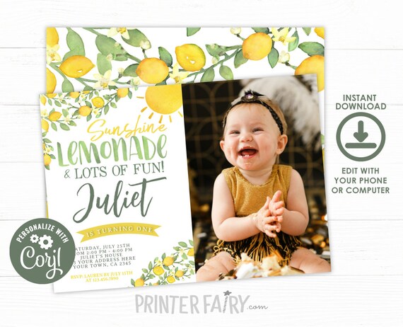 Lemon First Birthday Invitation, Editable, Citrus Invitation, Lemonade Birthday Party, Sunshine Birthday Invitation, Instant Download Il_570xn