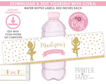 Ballerina Printable Water Bottle Labels, EDITABLE Ballerina Printable Decorations, Ballet Labels, INSTANT DOWNLOAD