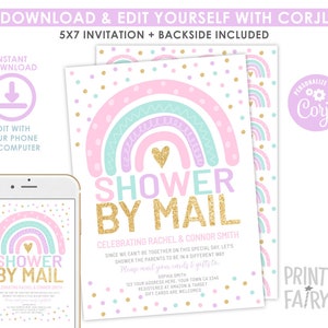 Baby Shower by Mail Rainbow Invitation, EDITABLE, Rainbow Baby Shower, Virtual Baby Shower, Mail Baby Shower Invites, Instant Download image 2