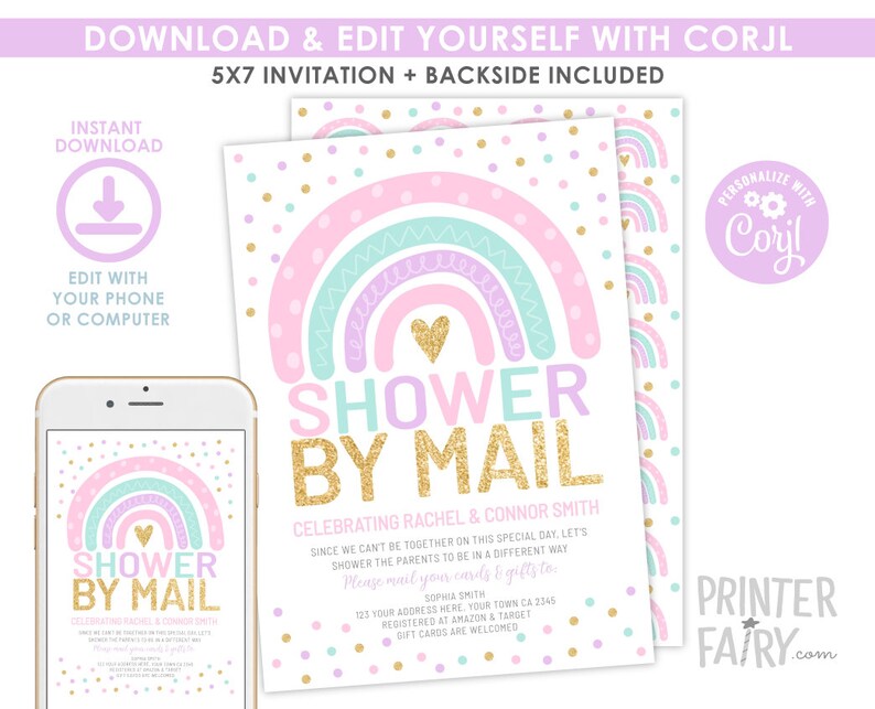 Baby Shower by Mail Rainbow Invitation, EDITABLE, Rainbow Baby Shower, Virtual Baby Shower, Mail Baby Shower Invites, Instant Download image 2