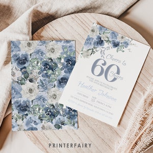 Dusty Blue 60 Years Birthday Invitation - Floral Theme for Fall Parties, Editable with Corjl, Adult Birthday Party Invite