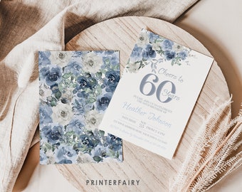 Dusty Blue Floral 60th Birthday Invitation – Editable Party Invite (Digital Download)
