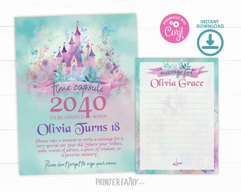 Princess First Birthday Party Time Capsule, Editable, Princess Castle Party Games, Once Upon a Time Girl Birthday Time Capsule Sign, Card