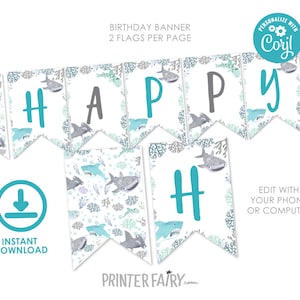 Shark Banner, EDITABLE, Shark Birthday Party, Under the Sea Birthday Decorations, Printable Bunting Banner, INSTANT DOWNLOAD