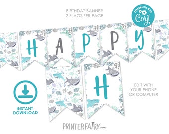 Shark Banner, EDITABLE, Shark Birthday Party, Under the Sea Birthday Decorations, Printable Bunting Banner, INSTANT DOWNLOAD