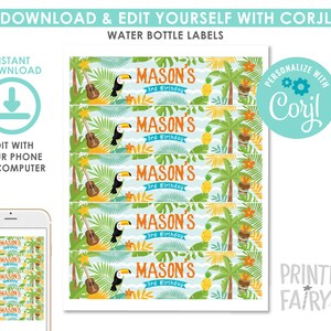 Luau Water Bottle Labels, EDITABLE, Hawaiian Party, Pool Party, Luau Birthday Party Decorations, Tropical Labels, INSTANT DOWNLOAD image 2