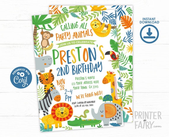 Jungle Birthday Invitation, EDITABLE Invite, Safari Invitation, Zoo Birthday, Jungle Animals, Lion, Tiger, Monkey, Sloth, INSTANT DOWNLOAD Il_570xn