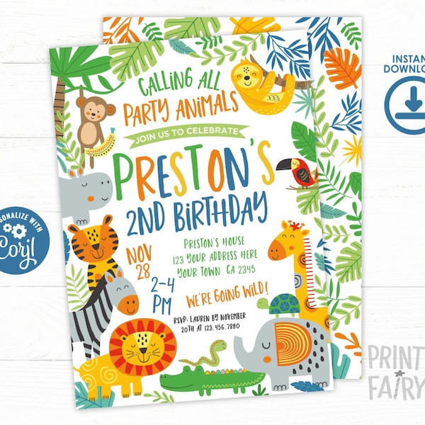 Jungle Birthday Invitation, EDITABLE Invite, Safari Invitation, Zoo Birthday, Jungle Animals, Lion, Tiger, Monkey, Sloth,  INSTANT DOWNLOAD