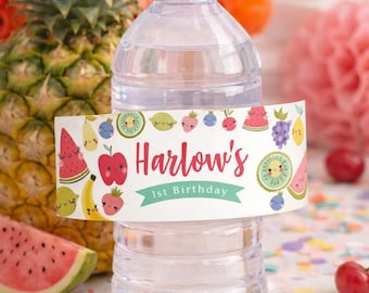 Tutti Frutti Water Bottle Label Editable Template, Fruit Birthday Party Decor (Instant Download)