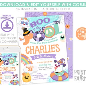Summerween Pool Party Invitation, Halloween Birthday, Editable (Digital Download) image 4
