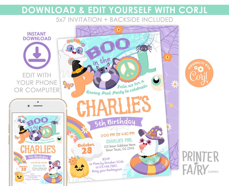 Summerween Pool Party Invitation, Halloween Birthday, Editable (Digital Download) image 4
