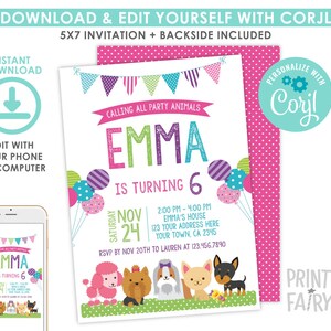 Puede incluir: Una colorida invitaci&oacute;n para una fiesta de cumplea&ntilde;os con el texto "Calling All Party Animals" y "Emma cumple 6 a&ntilde;os". El dise&ntilde;o incluye globos, una pancarta e ilustraciones de varias razas de perros. La invitaci&oacute;n mide 12,7 x 17,8 cm.