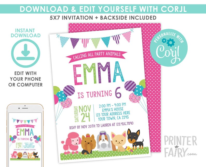 Puede incluir: Una colorida invitaci&oacute;n para una fiesta de cumplea&ntilde;os con el texto "Calling All Party Animals" y "Emma cumple 6 a&ntilde;os". El dise&ntilde;o incluye globos, una pancarta e ilustraciones de varias razas de perros. La invitaci&oacute;n mide 12,7 x 17,8 cm.