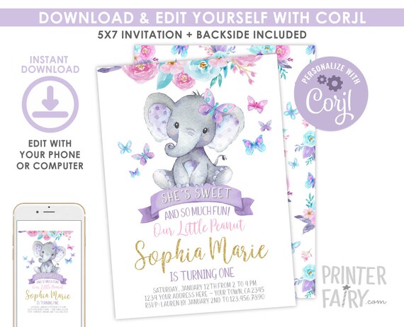 Elephant 1st Birthday Invitation, Girl Birthday Invitation, Butterflies Invitation, Floral Birthday Invitation, EDITABLE, Instant Download Il_570xn