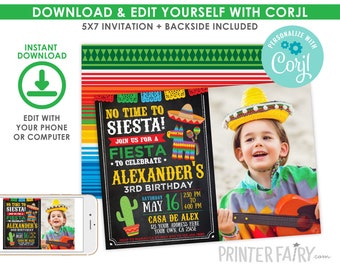 EDITABLE Fiesta Invitation with Photo, Fiesta Birthday Invitation, Cinco de Mayo Birthday Party, EDIT YOURSELF Digital Invite