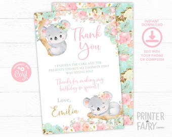 Koala Thank You Cards, EDITABLE, Koala Birthday, Floral Invitation, Bear Invitation, Let's Hang Out, Thank You Note, INSTANT DOWNLOAD