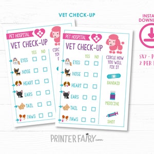 K&ouml;nnte beinhalten: Druckbares Tierarzt-Check-up-Spiel f&uuml;r Kinder. Zwei farbenfrohe Karten zeigen einen Hund und einen Pudel mit Kontrollk&auml;stchen f&uuml;r Augen, Nase, Herz, Ohren, Schwanz und Pfoten. Kreisen Sie die passende Art der Behandlung ein: Pflaster, Medizin oder Spritze.