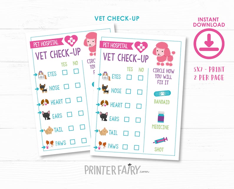 K&ouml;nnte beinhalten: Druckbares Tierarzt-Check-up-Spiel f&uuml;r Kinder. Zwei farbenfrohe Karten zeigen einen Hund und einen Pudel mit Kontrollk&auml;stchen f&uuml;r Augen, Nase, Herz, Ohren, Schwanz und Pfoten. Kreisen Sie die passende Art der Behandlung ein: Pflaster, Medizin oder Spritze.