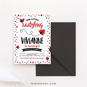 Pode incluir: Um convite branco com bolinhas vermelhas e pretas. O texto diz "Our Little Ladybug Vivianne is turning 5. Join us to celebrate Saturday, July 4th from 2:00 PM - 4:00 PM Marissa's House 123 Your Address Here - Your Town, CA 2345 RSVP: Lauren by June 24th at 123.456.7890". H&aacute; imagens de joaninhas no convite.