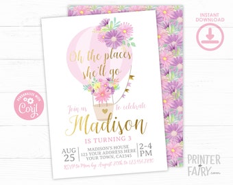 Hot Air Balloon Birthday Invitation, EDITABLE, Hot Balloon Invitation, Oh the places she'll go, Floral Birthday Party, INSTANT DOWNLOAD