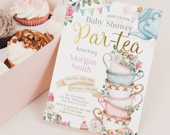 May include: A pink and blue baby shower invitation featuring a floral design and a stack of teacups. The invitation reads "Join us for a Baby Shower Par-tea honouring Morgan Smith" and includes the date, time, and location of the event. RSVP information and registry details are also provided.