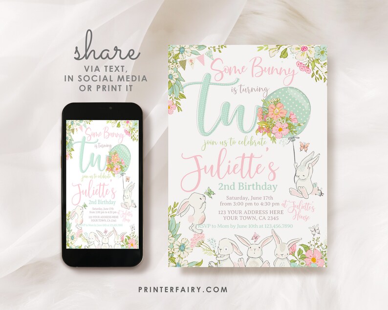 May include: A birthday invitation featuring a bunny theme. The invitation includes the text "Some Bunny is turning Two" with floral and butterfly accents. The invitation is displayed on a smartphone and a printed card.