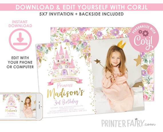Princess Birthday Invitation with Photo, EDITABLE, Royal Birthday Invitation, Floral Invitation, EDIT YOURSELF Digital, Instant Download Il_570xn