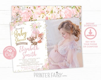 Woodland Baby Shower Invitation with photo, EDITABLE, Girl Baby Shower, Floral Baby Shower Invite, Deer, Forest Shower, Instant Download