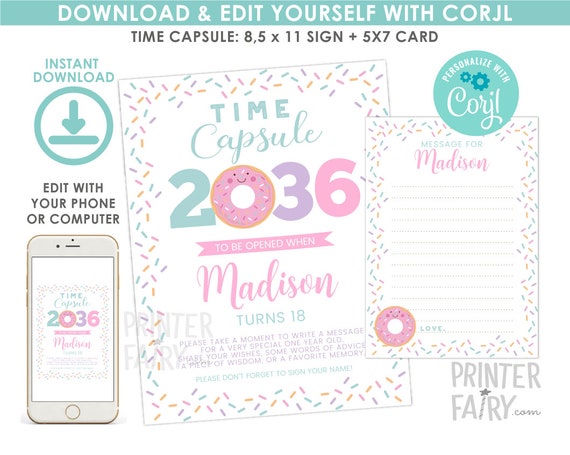 Donut Time Capsule, EDITABLE, Donut Birthday Party, Sprinkles Party, Donut First Birthday, Donut Birthday Decorations, EDIT YOURSELF Il_570xn