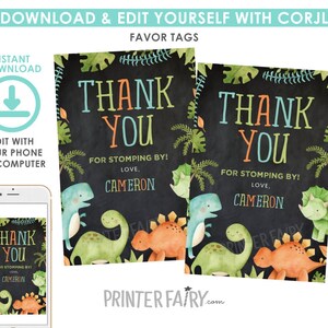 Dinosaur Favor Tags, EDITABLE, Dinosaur Birthday Party, Dinosaur Thank You Tags, EDIT YOURSELF Digital Invite, Instant Download