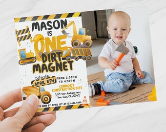 Construction First Birthday Invitation with Photo, Under Construction 1st Birthday Invite, Dump Truck Party, Instant Download via Corjl