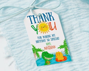 Dinosaur Pool Party, EDITABLE Dinosaur Favor Tags, Pool Party Thank You Tags, T-rex Birthday Party, Summer Party, INSTANT DOWNLOAD