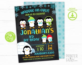 Penguin Birthday Invitation, EDITABLE Invitation, Penguin Birthday Party, Winter Invitation, Christmas Invitation, INSTANT DOWNLOAD