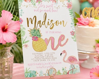 Flamingo Pineapple First Birthday Invitation, Tropical Party (EDITABLE, Instant Download)