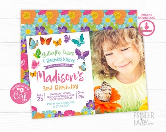 Butterfly Birthday Invitation, EDITABLE Invitation, Spring Birthday Party, Garden Invitation, Butterflies Invite, INSTANT DOWNLOAD