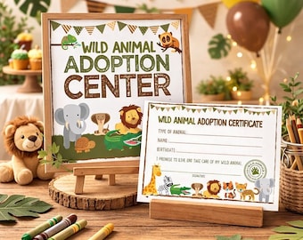 Wild Animal Pet Adoption Party Sign and Certificate, Reaty to print INSTANT DOWNLOAD
